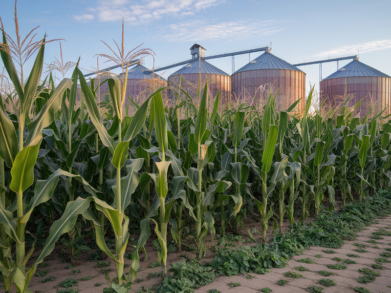 Campo de maíz con silos al atardecer