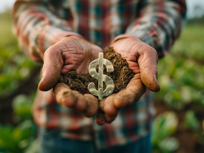 Manos sosteniendo tierra con símbolo de dólar