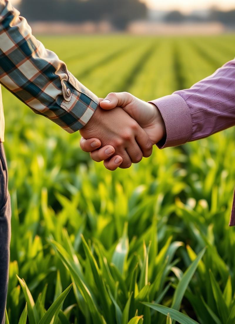 Apretón de manos entre agricultor y asesor financiero en un campo de cultivo